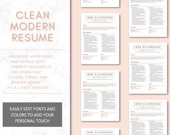 May include: A pink and white marble background with a text overlay that reads "Clean Modern Resume". The text is in a peachy-pink color. Below the text is a list of features: "MS Word, Apple Pages, and Google Docs formats included in one download! Clean, simple, and modern design. 1 & 2 page versions. Easily edit fonts and colors to add your personal touch."