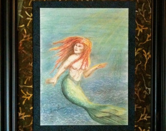 Mermaid Drawing, Original Artwork Signed Pencil and Pastel, Framed and Matted "Changing Directions"