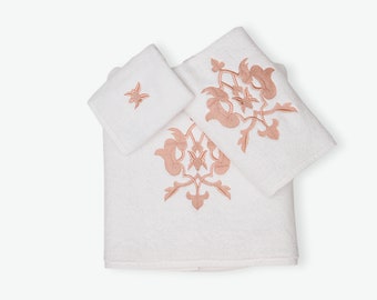 100% Cotton Organic Cotton Towel Set - Salmon Color Vintage Tile Motif / GOTS-certified organic with eco-friendly, non-toxic dyes