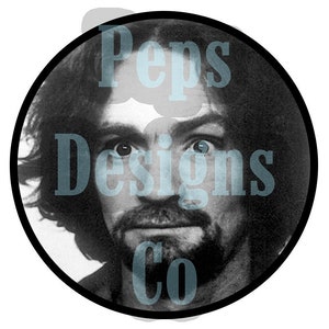 May include: Black and white photograph of a man with long hair and a beard. The photo is in a circle with the text "Peps Designs Co" superimposed over the image.