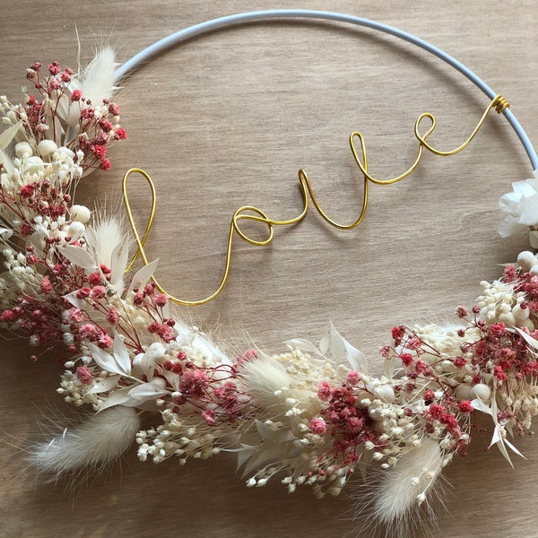 Personalized pink and white dried flower wreath