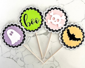 Halloween cupcake toppers - skeleton - skull - bat - boo - ghost - spooky- cute - birthday - booday