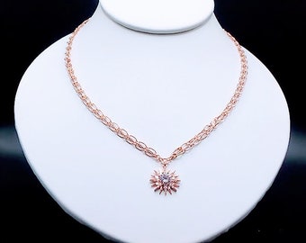 Chic and Unique, Rose Gold, Cubic Zirconia Crystal Rhinestone Shining Sun or Heart Pendant Necklaces