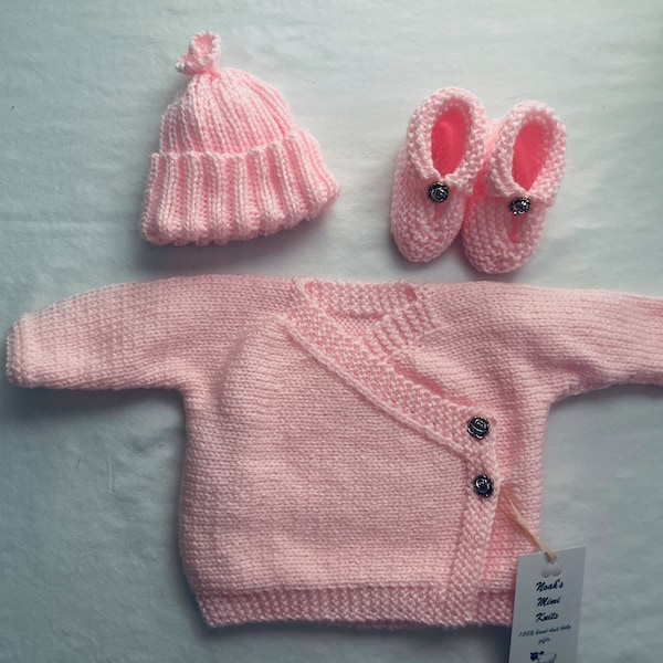 Hand Knit Tiny Kimono, Hat and Booties in Pink with Gold-Color Rose Buttons
