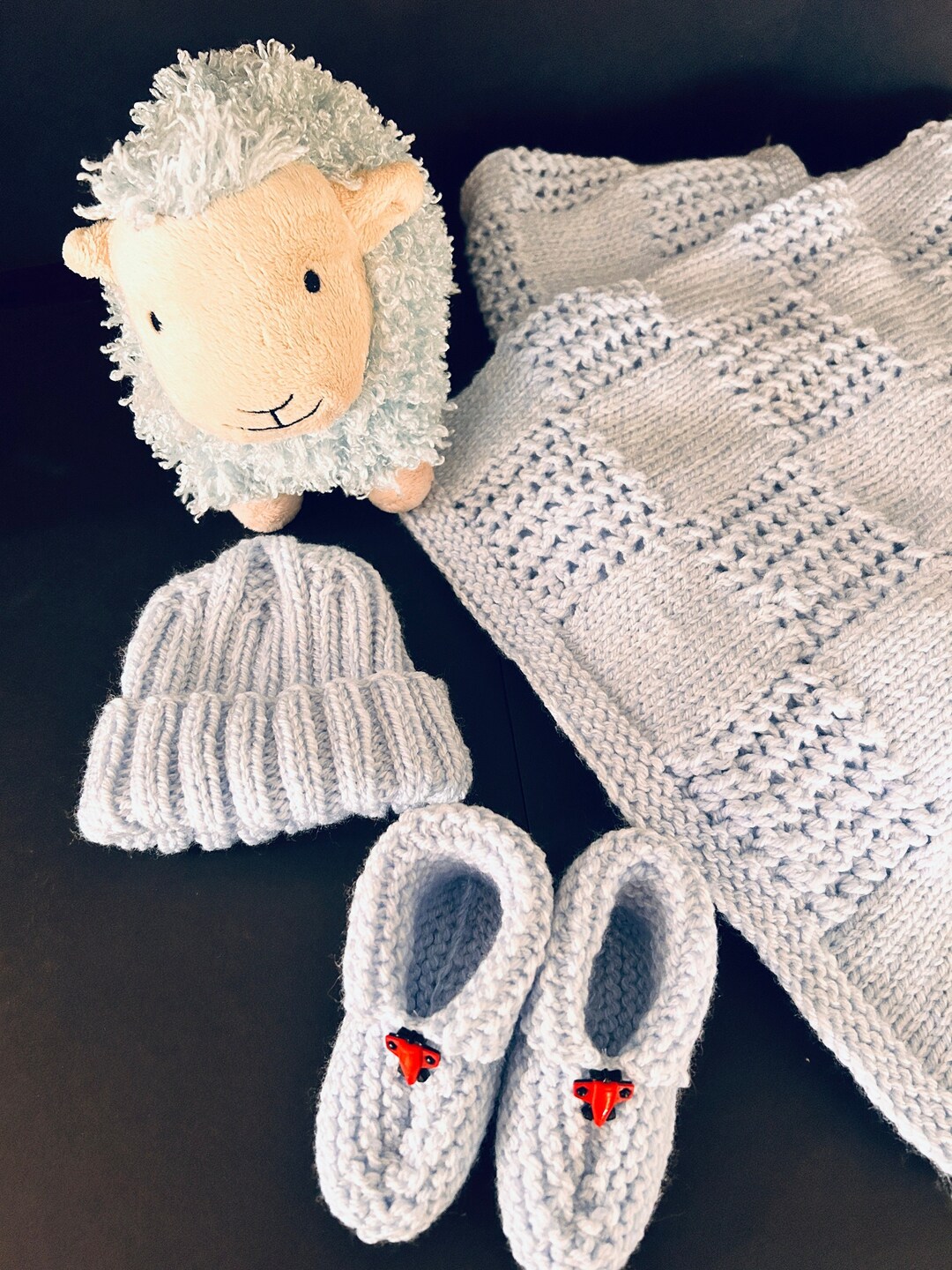 Baby Blue Quilt Pattern Hand Knit Blanket, Hat and Booties Set Etsy