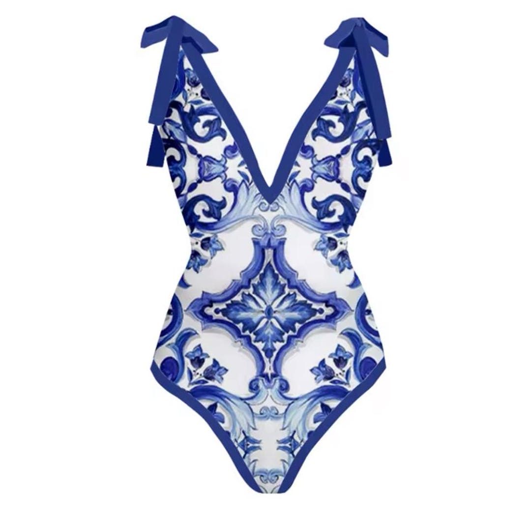 Vintage Women One Piece Swimsuit Deep V Blue Swimwear Cover up Female — free download