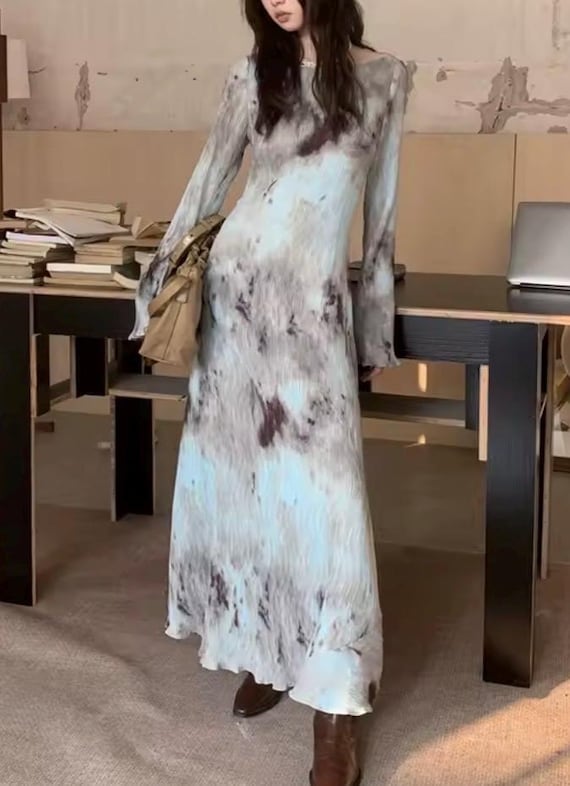 Dark Academia Maxi Dress, Soft Grunge Art Print Long Sleeve, Indie Minimalist Outfit