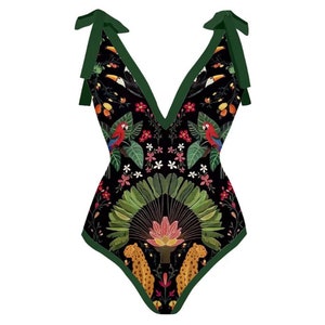 Vintage Print Deep V One Piece Swimsuit Set