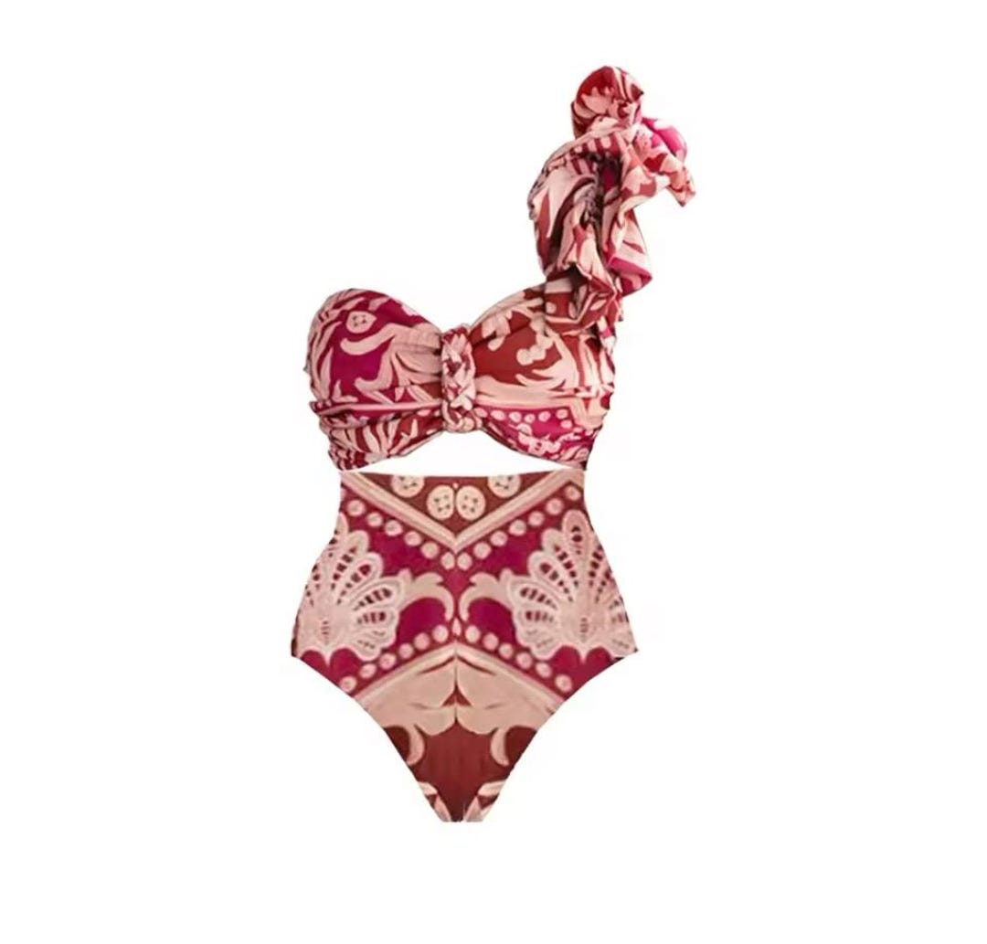 Vintage Women One Piece Swimsuit Deep V Red Swimwear Cover up Female — free download