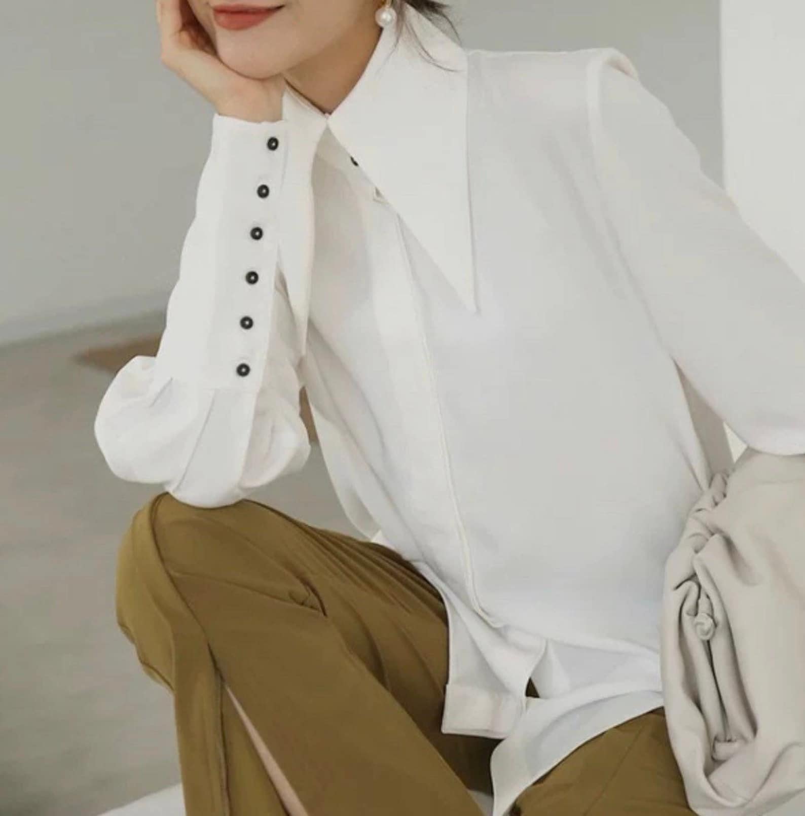 White Blouse with Statement Cuffs and Collar