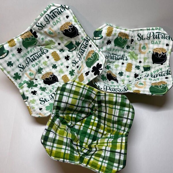 St. Patrick's Day Microwave Bowl Cozy|Single or Set of 3|Pot O Gold|Green Plaid|Bowl Pot Holder|Hot or Cold|Gift|Reversible