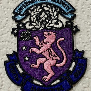 May include: An embroidered patch in purple and blue featuring a pink panther, three stars, and the text "Witchtown Academy" and "Never Underestimate".