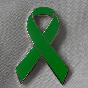 Könnte beinhalten: Ein grüner Ansteck-Pin in Form eines Schleifenbandes, ein Symbol des Bewusstseins, mit silbernem Rand. Das Band ist in einem leuchtenden, einfarbigen Grün gehalten und in einer Schlaufe geformt. Der Pin ist wahrscheinlich aus Metall und soll als Symbol der Unterstützung oder des Bewusstseins getragen werden.