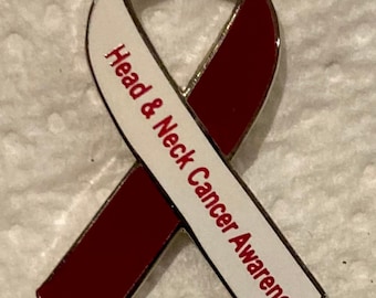 Head & Neck Cancer Awareness white and burgundy enamel ribbon pin badge / brooch.