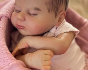 Mabel Reborn Doll | Sleeping Baby Girl Art Doll | Painted Hair Reborn | Handmade Collectible Doll with Belly Plate
