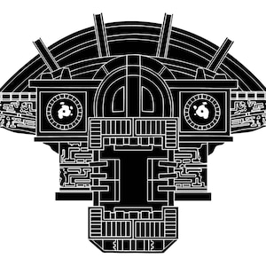 Può includere: Illustrazione in bianco e nero di un'astronave futuristica, geometrica, con una grande cima arrotondata e dettagli intricati.
