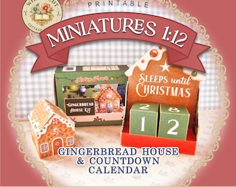 May include: A printable gingerbread house and countdown calendar set. The image features a miniature gingerbread house, a box labeled "Gingerbread House Kit," and a countdown calendar with the text "Sleeps until Christmas." The design includes the text "Miniatures 1:12."