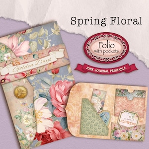 Puede incluir: Un imprimible de diario de chatarra floral de primavera con un diseño floral y azul claro. El diario incluye bolsillos y el texto "Golden Days", "Folio with pockets" y "Pretty Flowers". También es visible un emblema de abeja.
