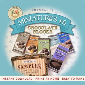 Può includere: Blocchi di cioccolato in miniatura stampabili in scala 1:6. L'immagine presenta varie scatole di cioccolato con gusti come Fudge Delight, Golden Caramel e Midnight Mint. È inclusa anche una scatola di campioni. Il testo dice "Download istantaneo, Stampa a casa, Facile da realizzare."