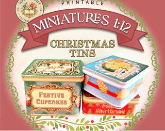 May include: Printable miniature Christmas tins with festive designs. The image shows three stacked tins with the text "Festive Cupcakes" and "Festive Shortbread". The tins are decorated with holiday-themed illustrations and are labeled "Instant Download, Print at Home, Easy to Make."