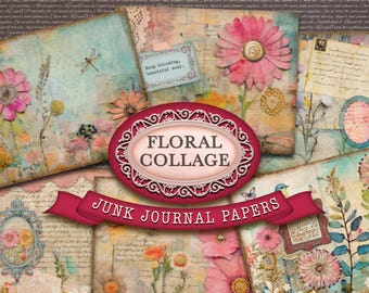 Könnte beinhalten: Eine Sammlung von floralen Collage-Junk-Journal-Papieren. Die Papiere zeigen eine Vielzahl von Designs mit Blumen, Schmetterlingen und handschriftlichem Text. Der Text auf dem Bild lautet "Floral Collage" und "Junk Journal Papers". Das Bild zeigt auch "6 High Quality Pages 8.5 x 11 JPEGs".