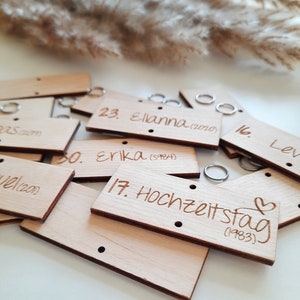 Könnte beinhalten: Holzanhänger mit graviertem Text und Metallringen. Die Anhänger sind hellbraun und haben abgerundete Ecken. Der Text auf den Anhängern enthält Namen und Daten. Der Text auf einem Anhänger lautet "17. Hochzeitsfag (1983)".