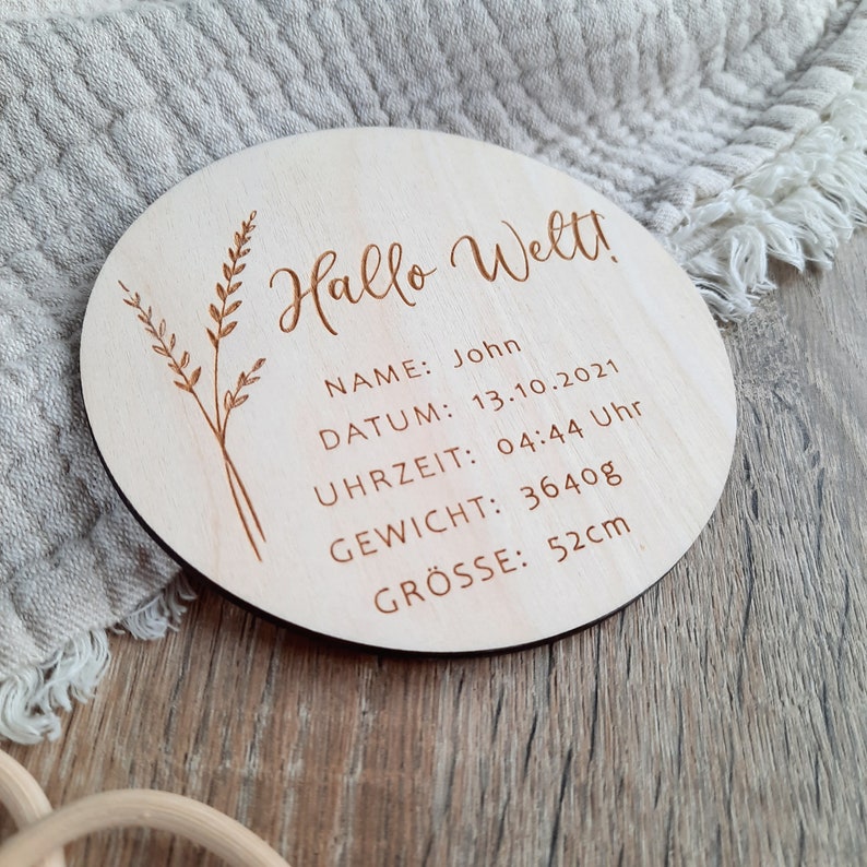 Madera de tarjeta de hito / signo de nacimiento recién nacido / descendencia de nacimiento / Hola mundo 1+Geburtsdaten grav.