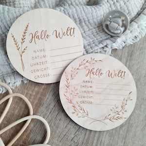 Meilensteinkarte Holz / Geburtsschild Neugeborenen / Geburt Nachwuchs / Hallo Welt!