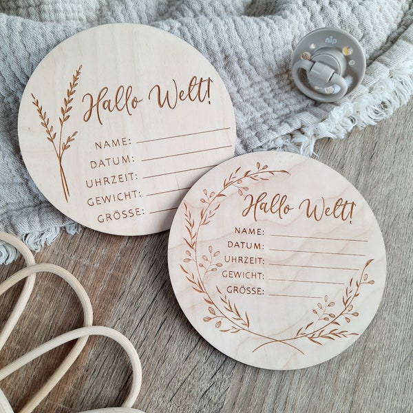 Wooden milestone card / newborn birth sign / birth of offspring / Hello world!