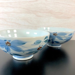 Ceramic Japanese Rice Bowl with Blue Flower Design