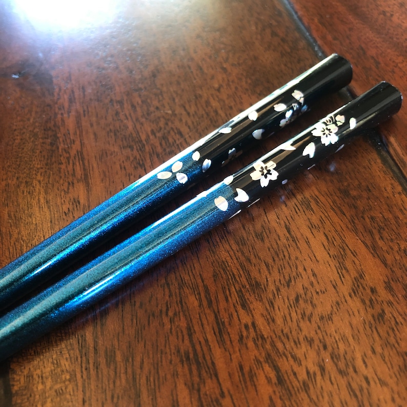 Chopsticks, Green, Blue, or Purple, w/ Cherry Blossom Floral Cherry Blossom Design Blue