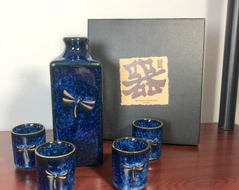 Sake Set, Deep Blue, with Dragonfly Design (Ceramic)