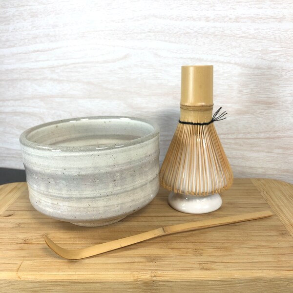 Ceramic Matcha Tea Bowl, Gray Brush Stroke Design, with Bamboo Whisk, Stand, and Bamboo Scoop