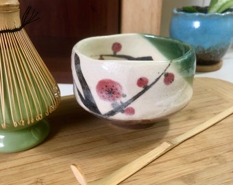 Ceramic Matcha Tea Bowl, Set with Cherry Blossom Design