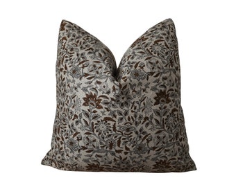 Brown and Gray Floral Block Print Throw Pillow Cover. Earthy Linen Throw Pillow Covers, Summer Living Room Decor.