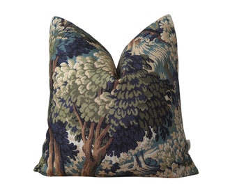 Blue Woodland Tapestry Throw Pillow, Vintage Inspired French Tapestry Pillow. Bold Floral Pillow Cover with High Texture