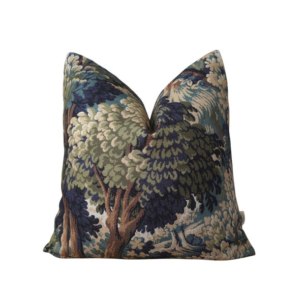 Blue Woodland Tapestry Throw Pillow, Vintage Inspired French Tapestry Pillow. Bold Floral Pillow Cover with High Texture