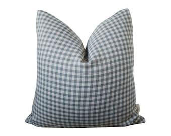 Blue Linen Gingham Throw Pillow, Cottagecore inspired, check pattern pillow.