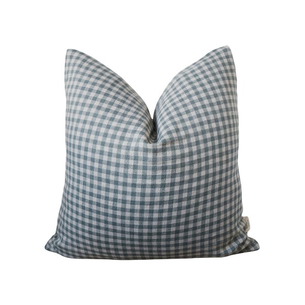 Blue Linen Gingham Throw Pillow, Cottagecore inspired, check pattern pillow.