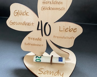 Geldgeschenk Kleeblatt zum Geburtstag mit Individueller Jahreszahl und Namen