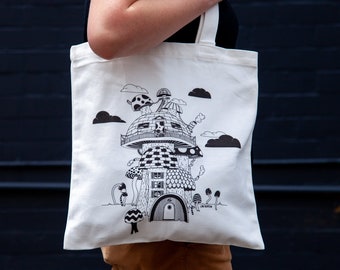 Mushroom House Illustrated Tote Bag