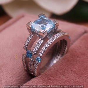 Vintage 2.75 Ct Princess Cut Aquamarine Simulated Diamond Engagement Bridal Ring Set | Unique Prong Set Ring | March Birthstone Gifts | Gift
