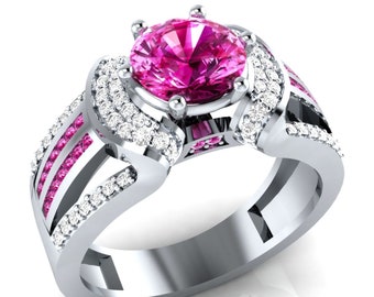 Pink Sapphire Engagement Ring: Round Cut Lab-Created Diamond, 925 Sterling Silver