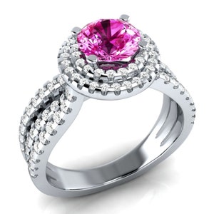 2.66 Ct Pink Round Cut Lab-Created Diamond Double Halo Style Engagement Ring, 925 Sterling Silver Ring, Valentine&#39;s Ring, Mother&#39;s Day Ring