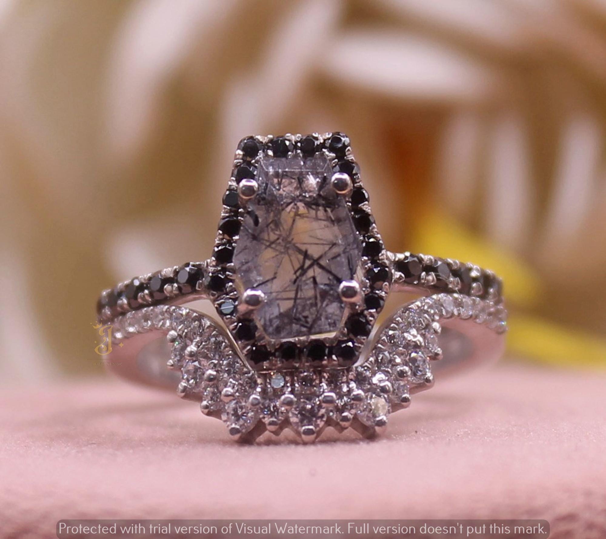 Vintage Salt Pepper Diamond Coffin Ring