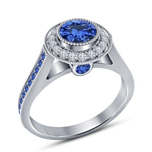 2.69Ct Blue Round Cut Lab-Created Diamond Unique Halo Style Engagement 925 Sterling Silver Ring, Valentine&#39;s Spacial Gift, Mother&#39;s Day Gift