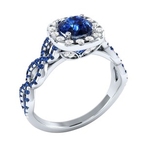3.51 Carat Blue Sapphire Round Cut Lab-Created Diamond Twisted Style Engagement Rings In 925 Sterling Silver, Valentine&#39;s Ring, Gift For Mom