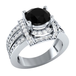 2.84 Carat Black Onyx Round Cut Lab-Created Diamond Prong Set Engagement 925 Sterling Silver Ring, Valentine&#39;s Gift, Gift For Mother&#39;s Day