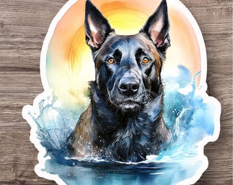 Belgian Malinois Sticker: Watercolor Dog Art, Ocean Splash, Durable Vinyl