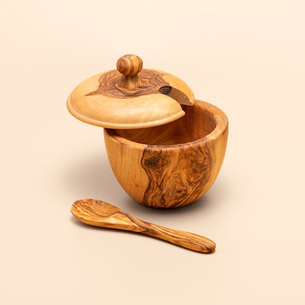 Olive Wood Sugar Bowl with Spoon, Salt Cellar, Wooded Sugar Box, Olive Wood Sugar Storage Box, Salt Keeper, sugar keeper